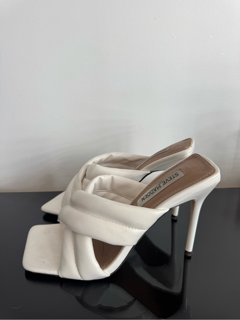 Steve Madden White Quilted Crisscross Stiletto Mules